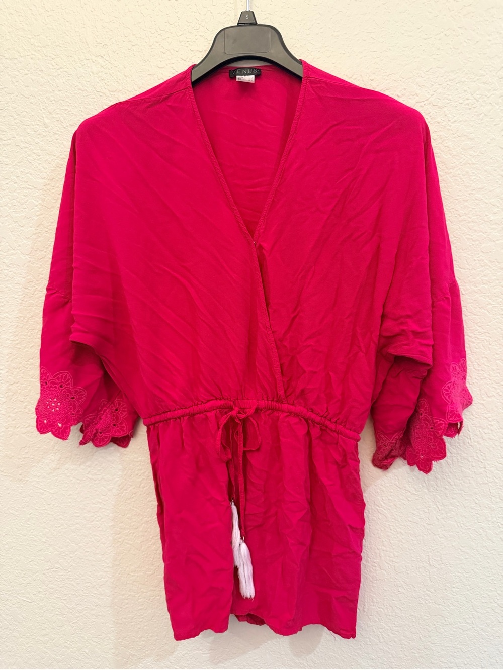 VENUS Hot Pink Embroidered-Trim Romper with Drawstring